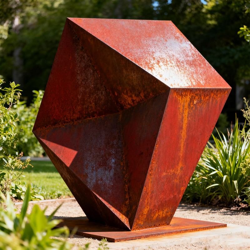 Vielseitige, polyedrische, geometrische, verwitterte dekorative Skulptur aus Stahl