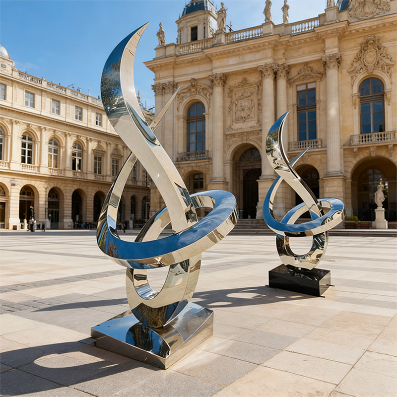 Stromlinienförmige Metallskulptur in Blau und Silber