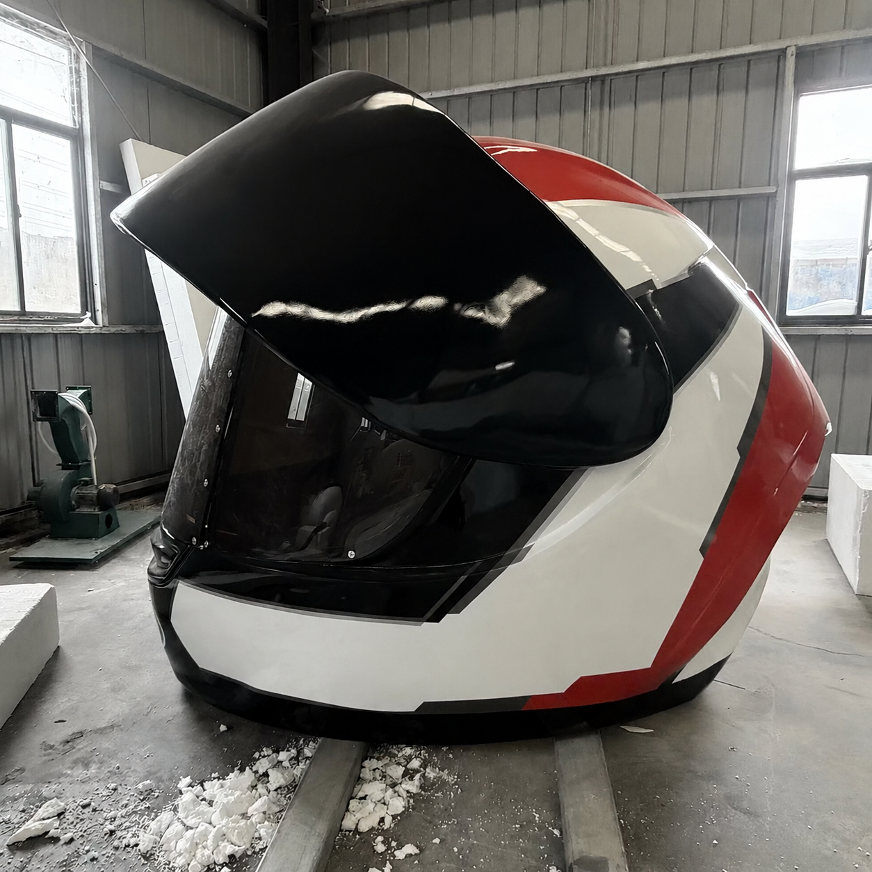Wie wird eine riesige Motorradhelmskulptur aus Harz hergestellt – und wer stellt sie im Maßstab her?