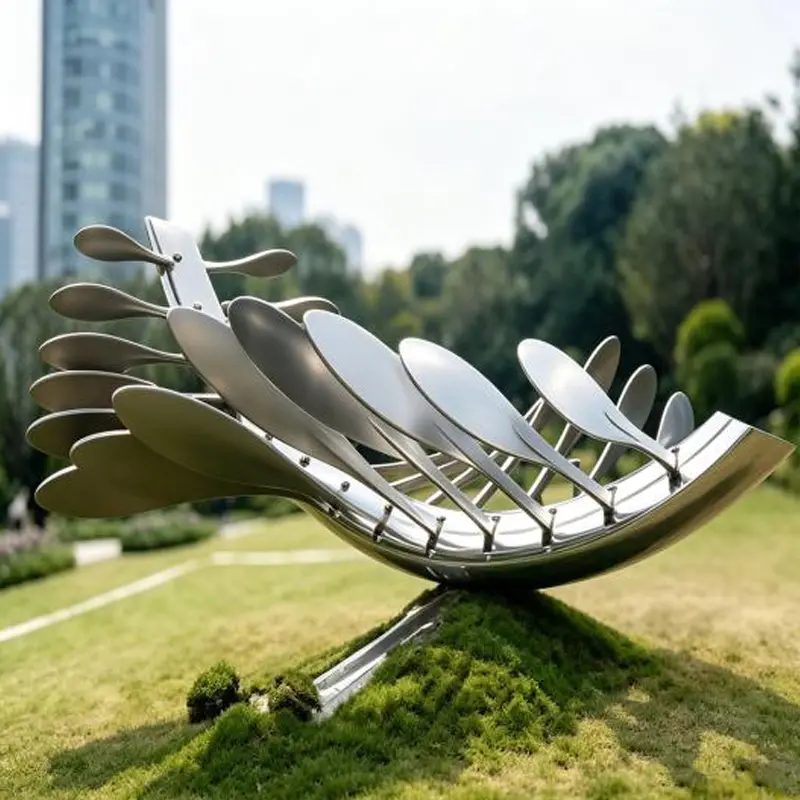 Wie wird eine Ringskulptur aus hochglanzpoliertem Edelstahl hergestellt und installiert?